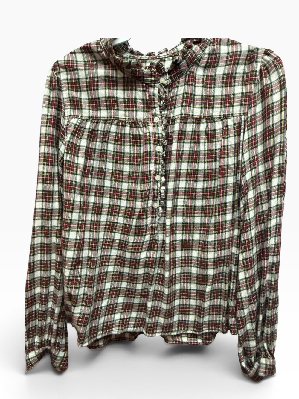 GAP Plaid Ruffle Neck Flannel Button-Front Blouse Holiday Cottage Core SZ L